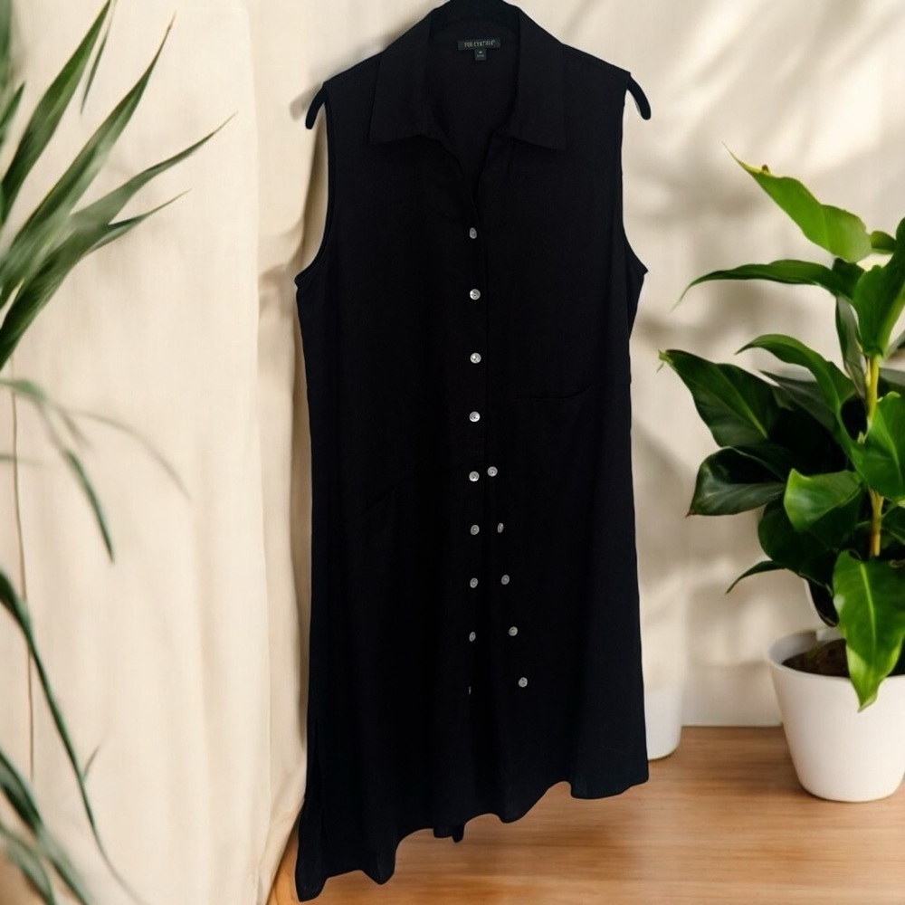 For Cynthia Black Asymmetrical Hem Sleeveless Collared Linen Blend Dress Size M